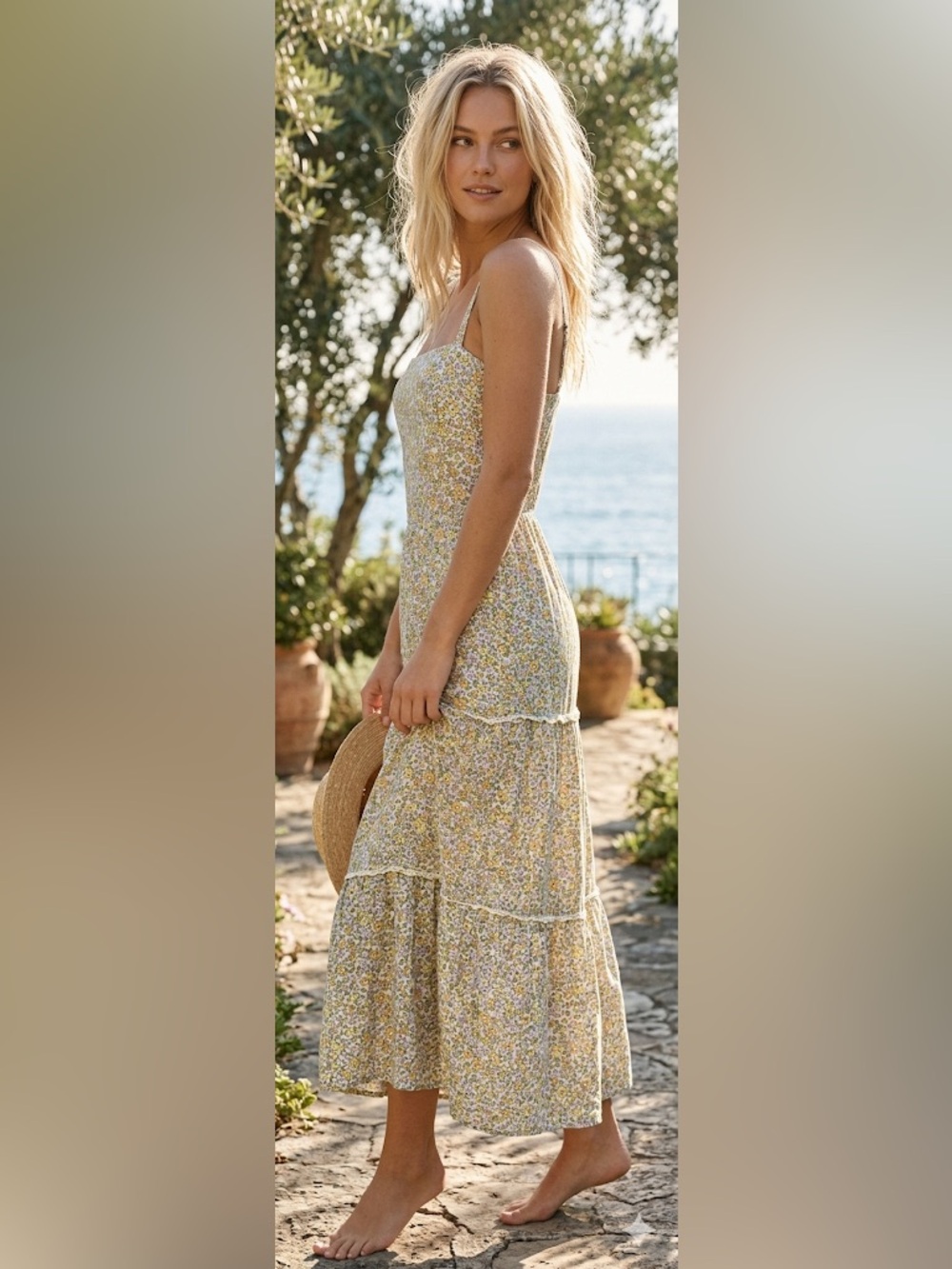 Hollister Yellow Floral Tiered Midi Dress